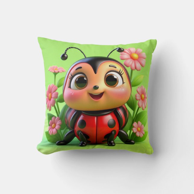 Cute Ladybug Illustration, omgiven av blommor Kudde (Framsida)