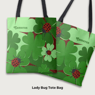 Cute Ladybug Klöver Löv Namn i Grönt Red Tygkasse