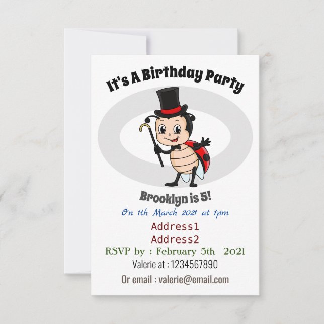 Cute ladybug med top hat och slit-tecknad inbjudningar (Framsida)