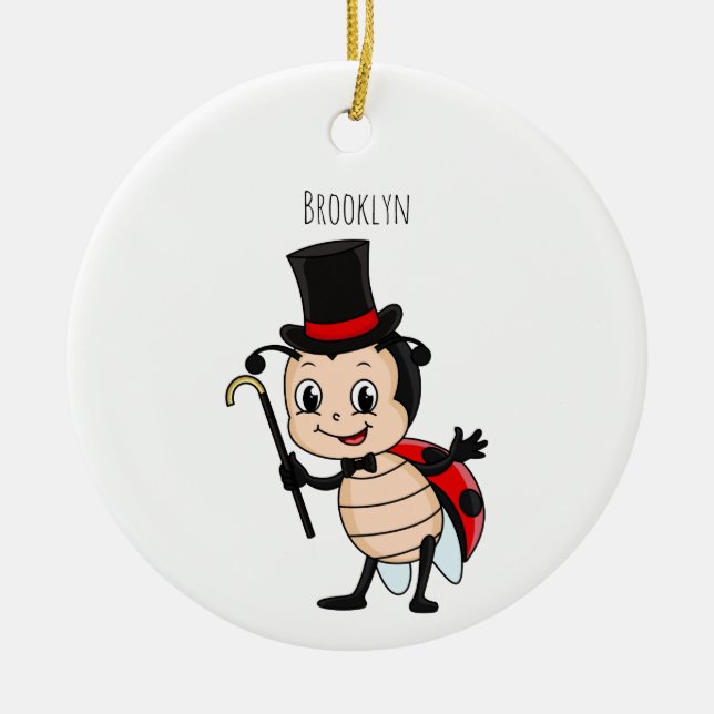 Cute ladybug med top hat och slit-tecknad julgransprydnad keramik (Framsidan)