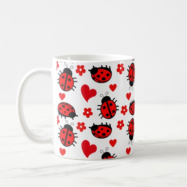 Cute Ladybug Mönster Loely Insekt Herts Flowers Kaffemugg (Vänster)