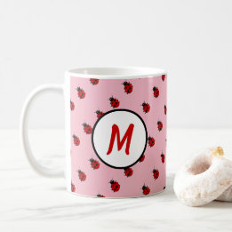 Cute Ladybug Mönster Monogram i Rosa och Red Kaffemugg