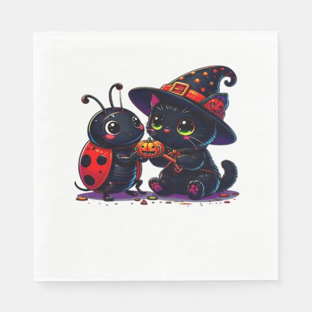 Cute Ladybug och Black Cat Halloween Classic T-Shi Pappersservett (Framsidan)