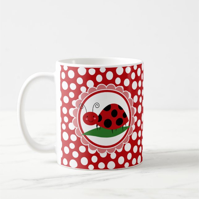 Cute Ladybug på en Löv - Girls Red Black Kaffemugg (Vänster)