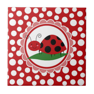 Cute Ladybug på en Löv - Girls Red Black Kakelplatta