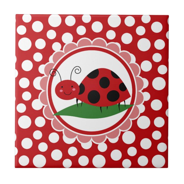 Cute Ladybug på en Löv - Girls Red Black Kakelplatta (Framsidan)