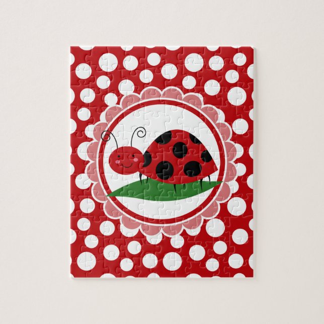 Cute Ladybug på en Löv - Girls Red Black Pussel (Vertikal)