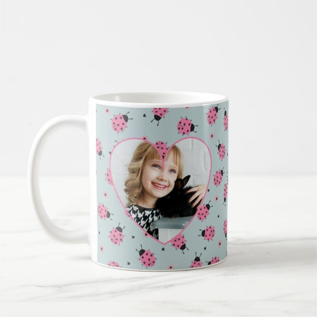 Cute Ladybug Pattern Custom Photo & Name - Blue  Kaffemugg (Vänster)