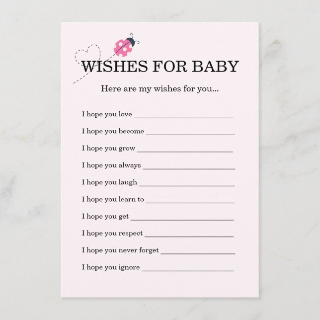 Cute Ladybug Pink Girl Baby Shower Wishes For Baby Tilläggskort (Framsida)