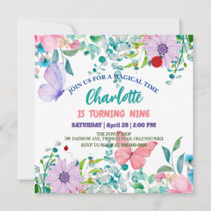Cute Ladybug Polka-blommigten Flower Birthday namn Inbjudningar