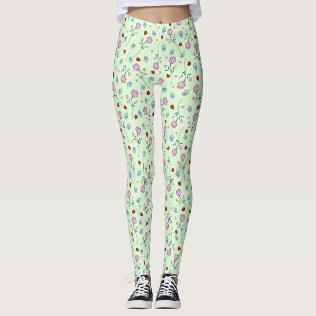 Cute Ladybug Polka Daisy Flower Rustic Mönster Leggings (Framsida)