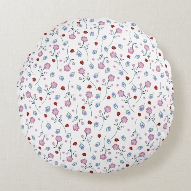 Cute Ladybug Polka Daisy Flower Rustic Mönster Rund Kudde (Framsidan)