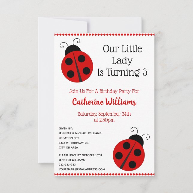 Cute Ladybug Polka Dot LLittle Girl Födelsedagsfes Inbjudningar (Framsida)
