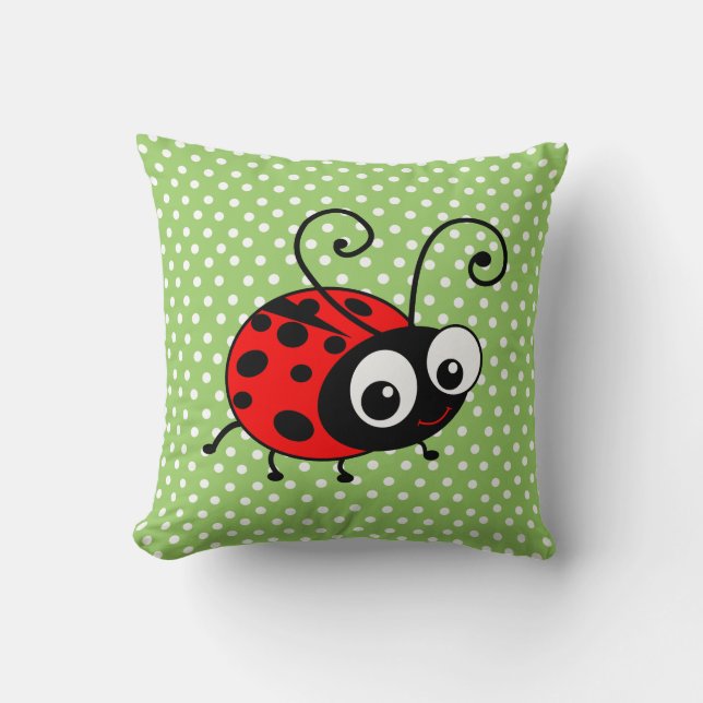 Cute Ladybug Polka dots Grönt & Red Cushion Kudde (Framsida)