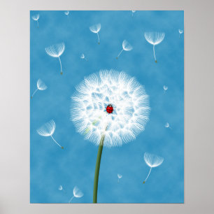 Cute ladybug sitta ovanpå en dandelion poster