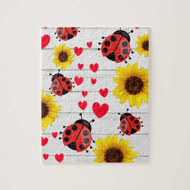 Cute Ladybug Solros och Hearts Gift Pussel (Vertikal)