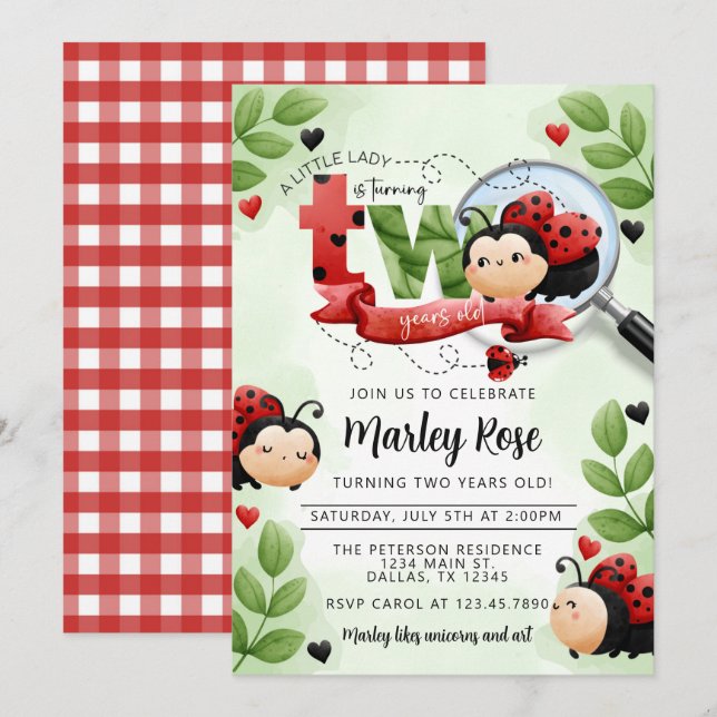 Cute Ladybug svänger 2:a födelsedag Party Inbjudningar (Fram/baksida)