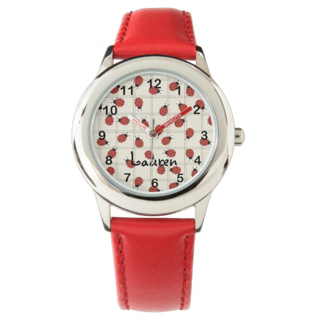 Cute Ladybugs & Custom Name on Cream White Armbandsur (Framsida)