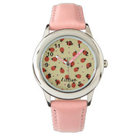 Cute Ladybugs & Custom Name on Light Yellow Armbandsur