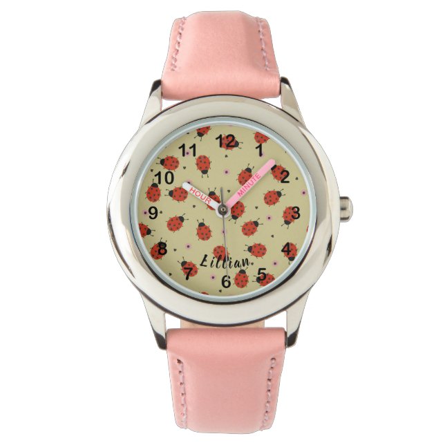 Cute Ladybugs & Custom Name on Light Yellow Armbandsur (Framsida)