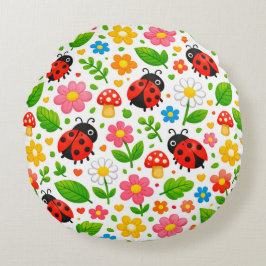 Cute Ladybugs Floral Kids with Flowers and Leaves Rund Kudde