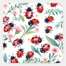 Cute ladybugs och blommor, vita från mönster fyrkantigt klistermärke
