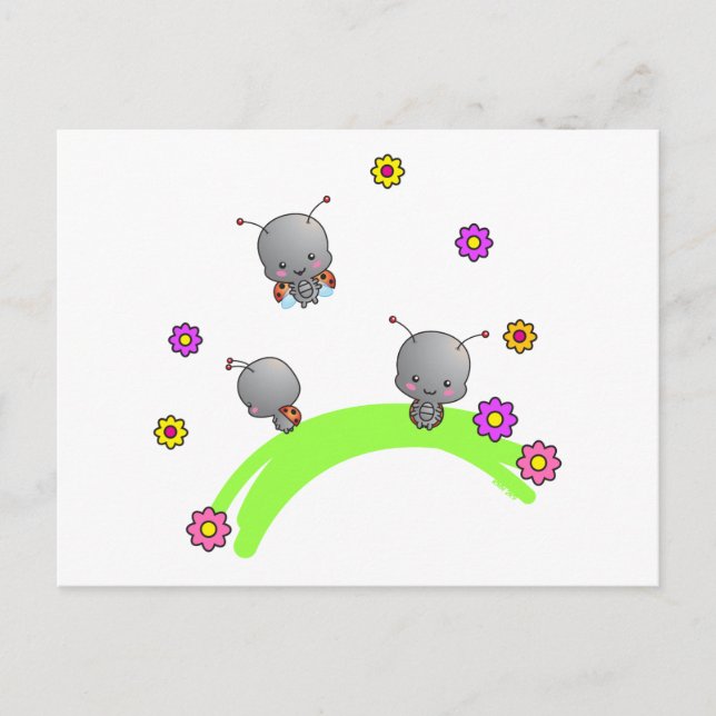 Cute Ladybugs och Flowers vykort (Framsida)