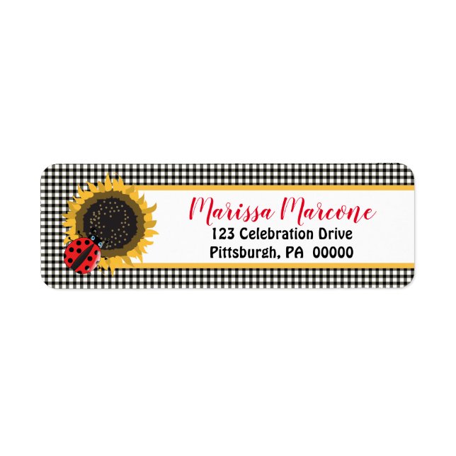 Cute Ladybugs och Sunblommor BW Gingham Checks Returadress Etikett (Framsidan)