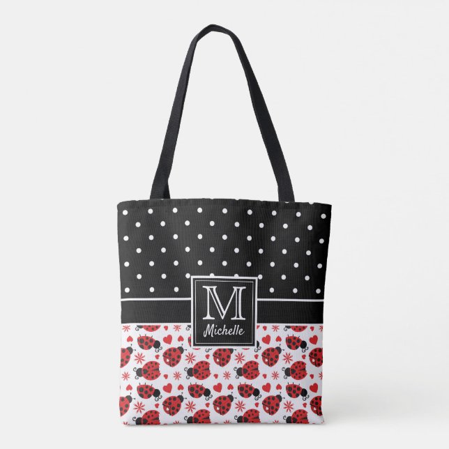 Cute Ladybugs Polka Dot Monogram Tygkasse (Baksida)