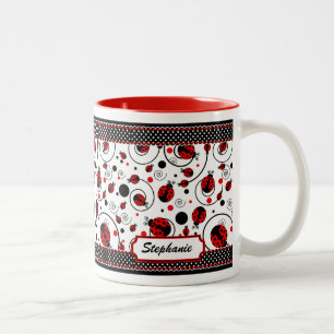 Cute Ladybugs Polka dots och Swirls Namn Coffee M. Två-Tonad Mugg