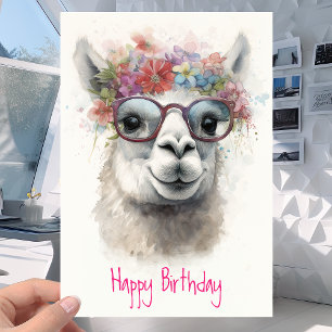 Cute Lama in Glass and Flowers - Linndag Kort