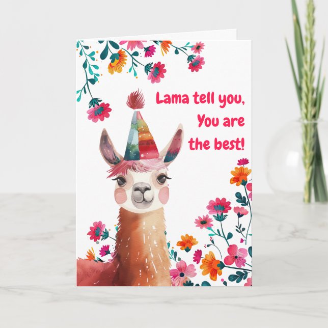 Cute Lama med Rosa Flowers Vänskap Day Helgkort (Framsida)