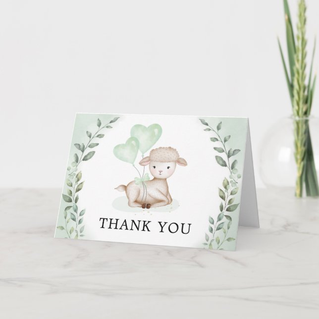 Cute Lamb Baby får Greenery Eucalyptus Tack Kort (Framsida)