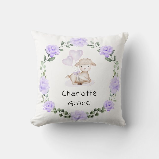 Cute Lamb Baby Lila  Blommigt Greenery Wandey Kudde (Framsida)