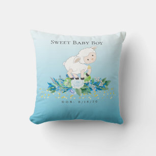 Cute Lamb Blue Blommigt Boy Baby DOB Kudde