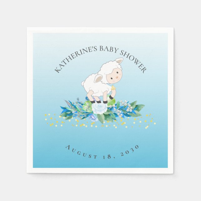 Cute Lamb Blue Blommigt Boy Shower Pappersservett (Framsidan)