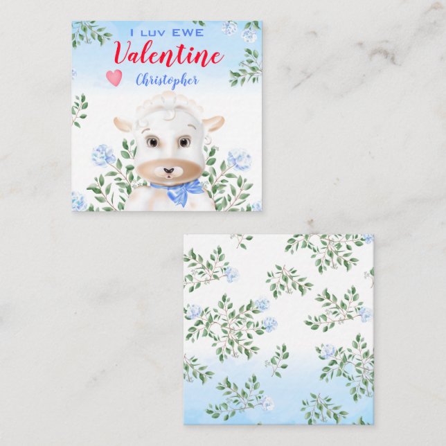 Cute Lamb Blue Blommigt Kids Classroom Valentine Anteckningskort (Fram/baksida)