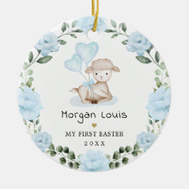 Cute Lamb Blue Blommigt Utandning Baby första Påsk Julgransprydnad Keramik
