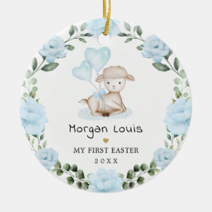 Cute Lamb Blue Blommigt Utandning Baby första Påsk Julgransprydnad Keramik