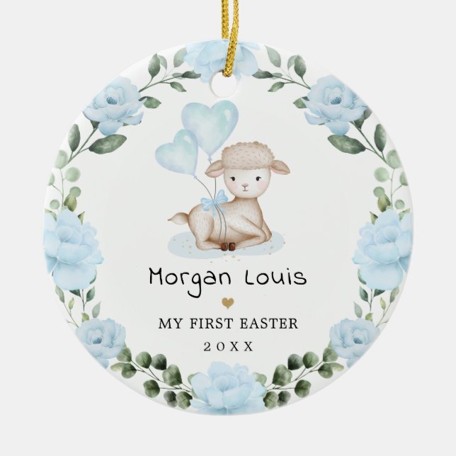 Cute Lamb Blue Blommigt Utandning Baby första Påsk Julgransprydnad Keramik (Framsidan)