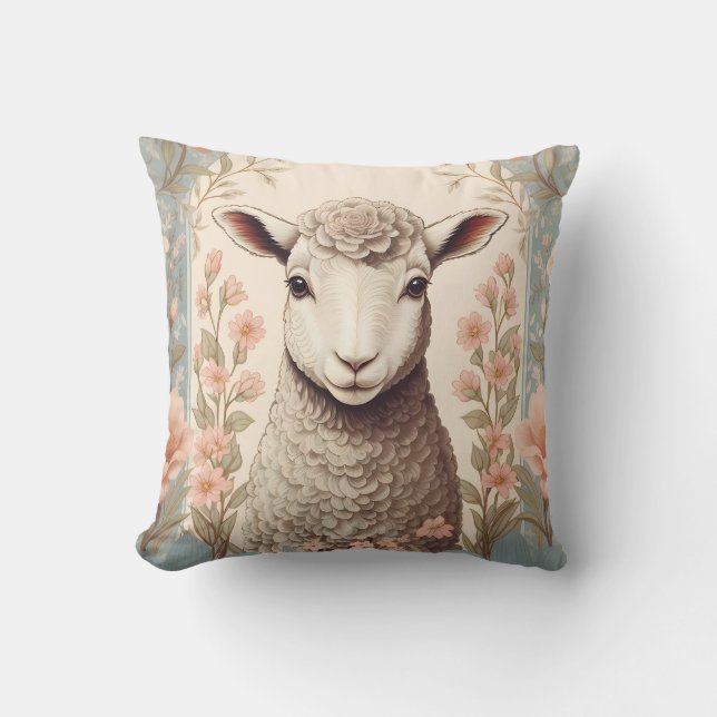 Cute Lamb Delicate Pastel Floral Kudde (Framsida)