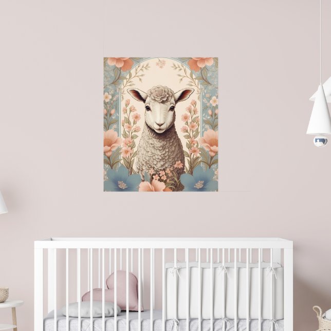 Cute Lamb Delicate Pastel Floral Poster (Barnkammare 2)