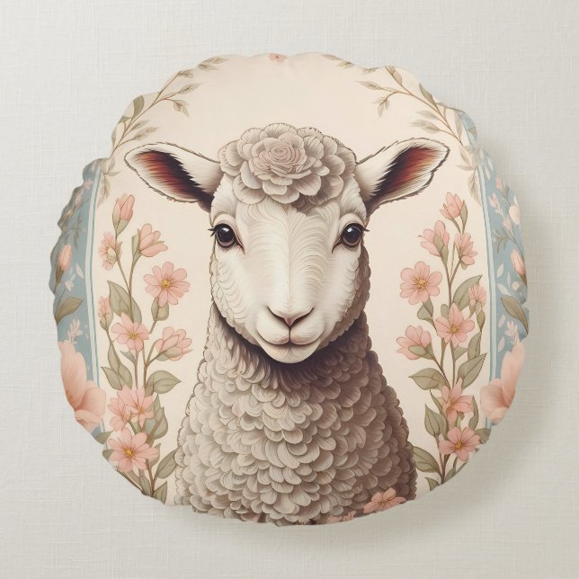 Cute Lamb Delicate Pastel Floral Rund Kudde (Framsidan)