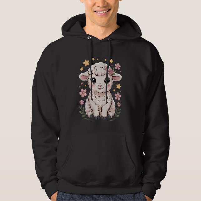 Cute Lamb Floral Illustration Sweet Pastel Farm Ar Hoodie (Framsida)