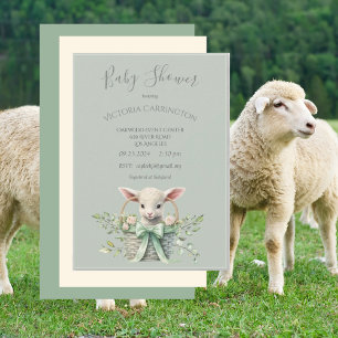 Cute Lamb i Basket med Blommor Baby Shower Inbjudningar