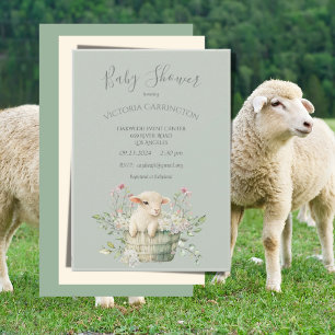 Cute Lamb i Basket med Blommor Baby Shower Inbjudningar