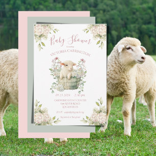 Cute Lamb i en Rosa för spädbarn i Blommigten Bask Inbjudningar
