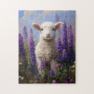 Cute Lamb Lila Lupine Flowers Pussel