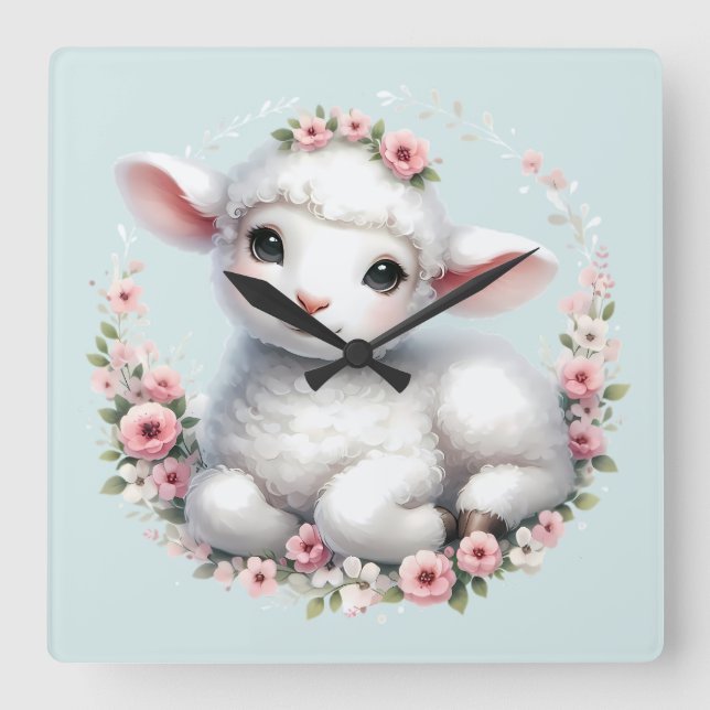 Cute Lamb med Blommigt Krona Illustration Fyrkantig Klocka (Framsida)