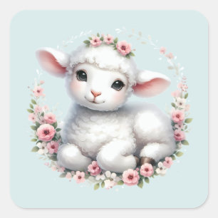 Cute Lamb med Blommigt Krona Illustration Fyrkantigt Klistermärke